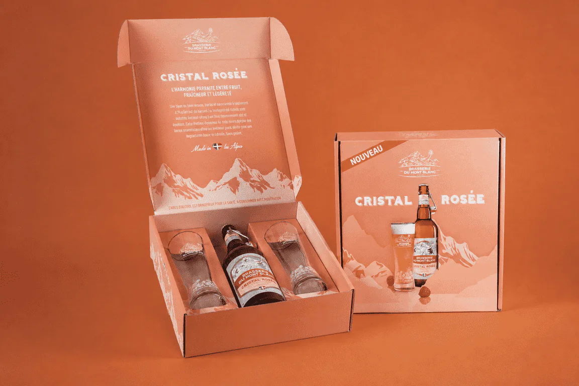 Boîte carton personnalisée à oreilles Brasserie du Mont-Blanc, fabrication Smartpack