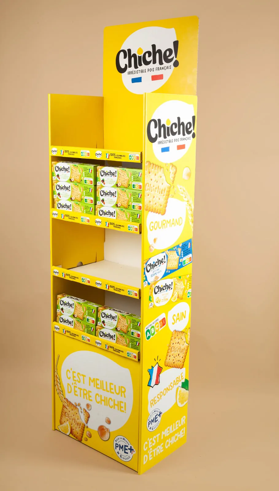 Présentoir de comptoir en carton Chiche, détail, fabrication Smartpack