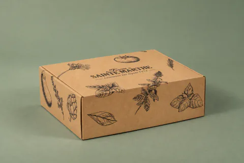Boîte carton personnalisée à oreilles Sainte Marthe, fermée, fabrication Smartpack