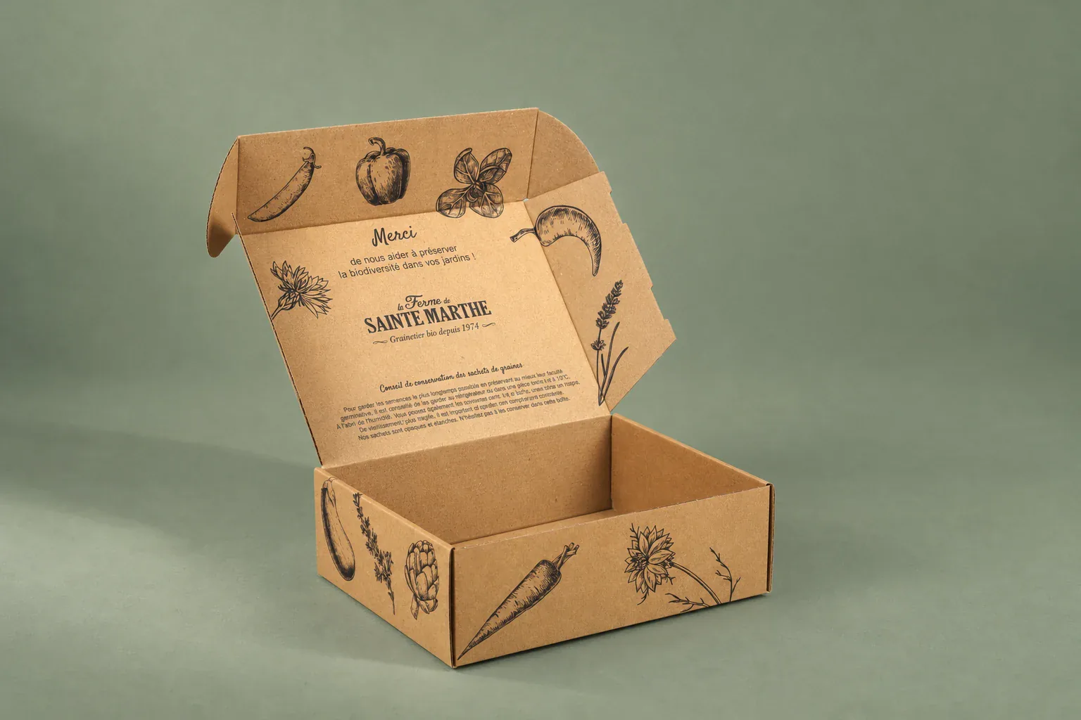 Boîte carton personnalisée à oreilles Sainte Marthe, ouverte, fabrication Smartpack