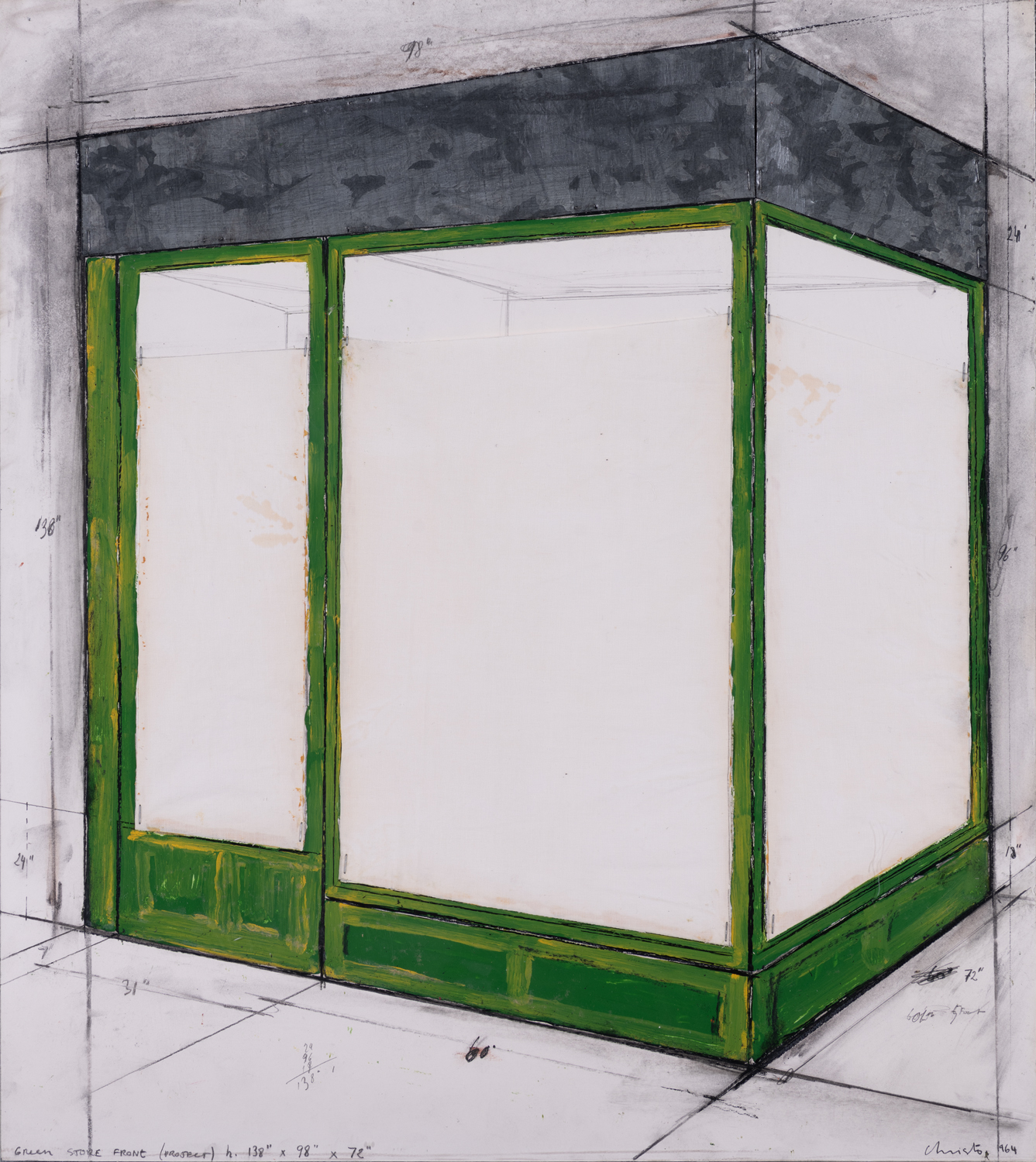 Christo et Jeanne-Claude (né en 1935 et 1935-2009) Green store front (project) n. 138“ x 98“ x 12“, 1964