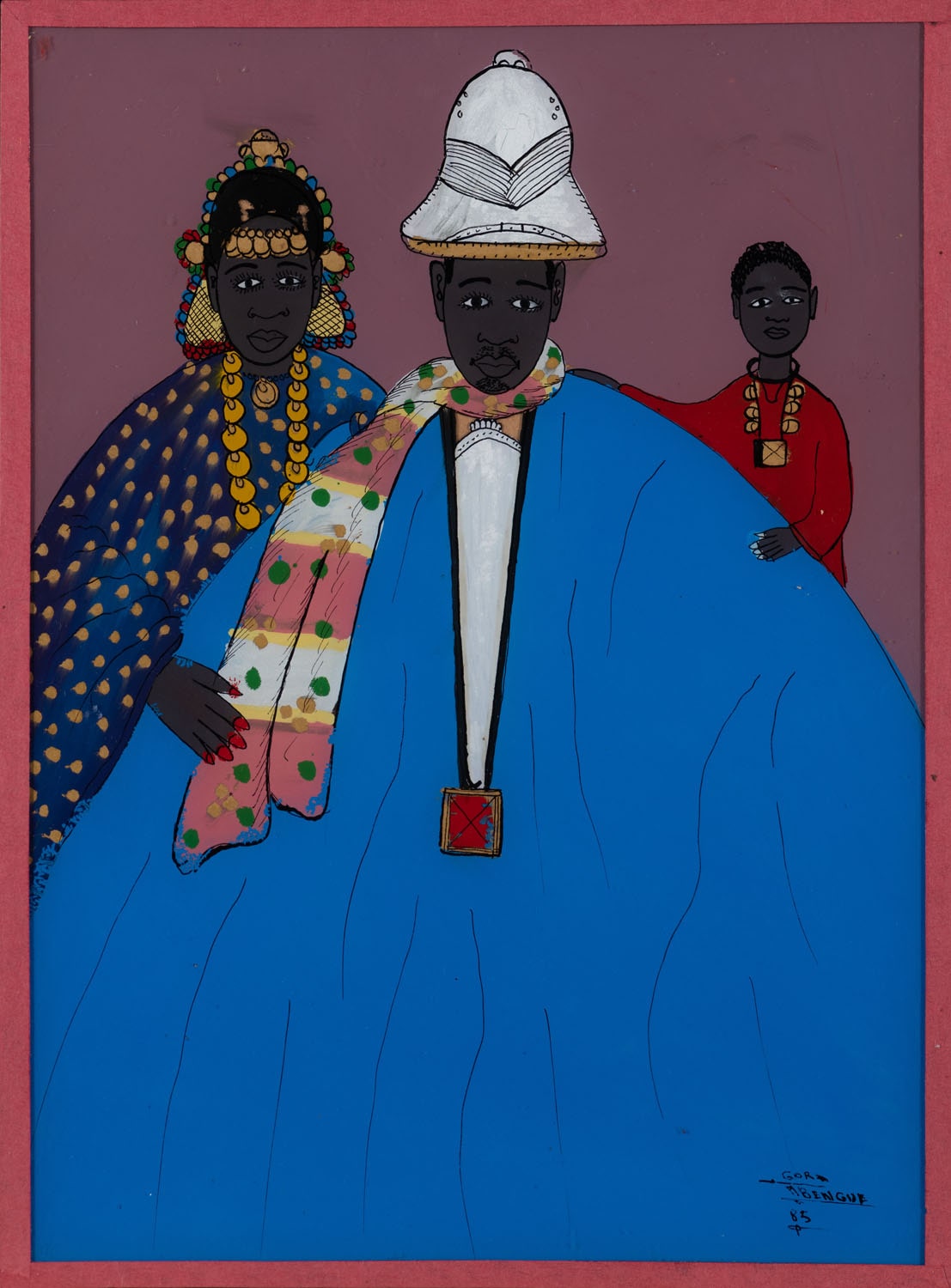 Gora Mbengue (1931-1988, Sénégal) Lot de trois peintures fixées sous verre Estimations : 1500 / 2000 €
