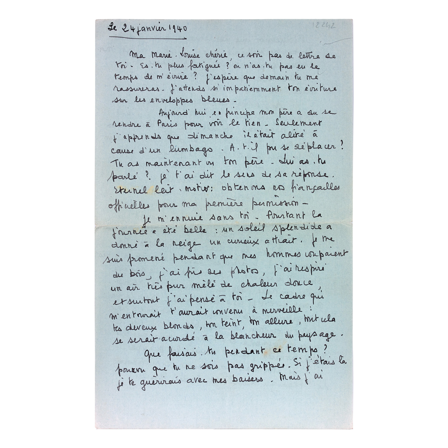 MITTERRAND, Fran&ccedil;ois Lettre autographe sign&eacute;e &agrave; Marie-Louise Terrasse, dite Catherine Langeais [Meuse, pr&egrave;s de Stenay], 24 janvier 1940