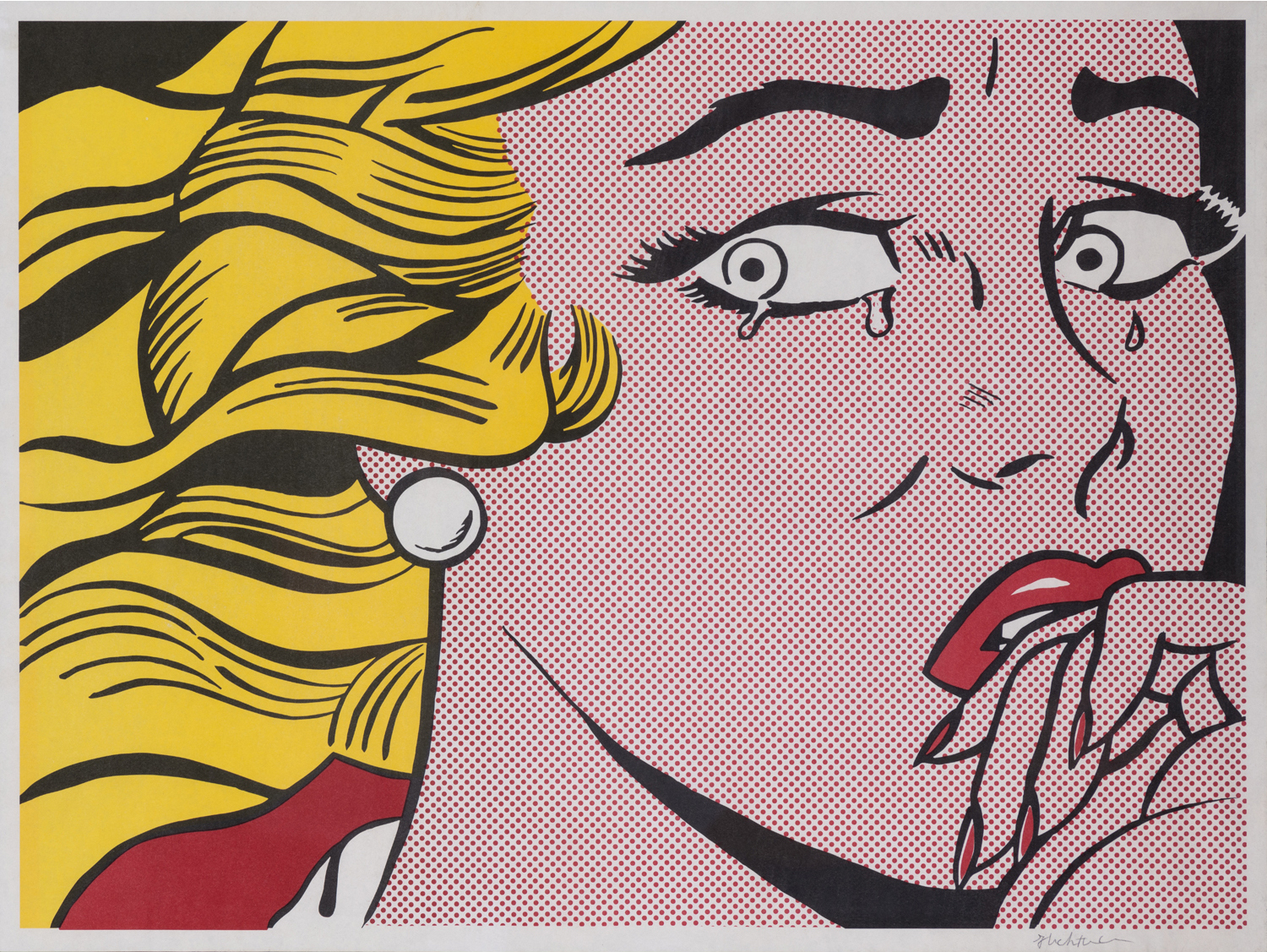 Roy Lichtenstein (1923-1997)  Crying girl - 1963  Lithographie offset en couleurs sur papier v&eacute;lin, sign&eacute;e  Edition Leo Castelli New York  45,7 x 60,7 cm - Toutes marges  Encadr&eacute;e  Bibliographie : Corlett II.1 : D'une &eacute;dition non num&eacute;rot&eacute;e  Provenance : Collection particuli&egrave;re europ&eacute;enne