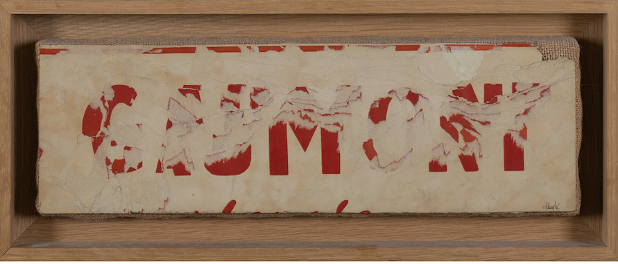 Jacques Villeglé (Jacques Mahé de la Villeglé) (born in 1926) Gaumont, 22.9.1964 Lacerated posters mounted on canvas Signed, titled and dated on the back 12.4 x 28.5 cm