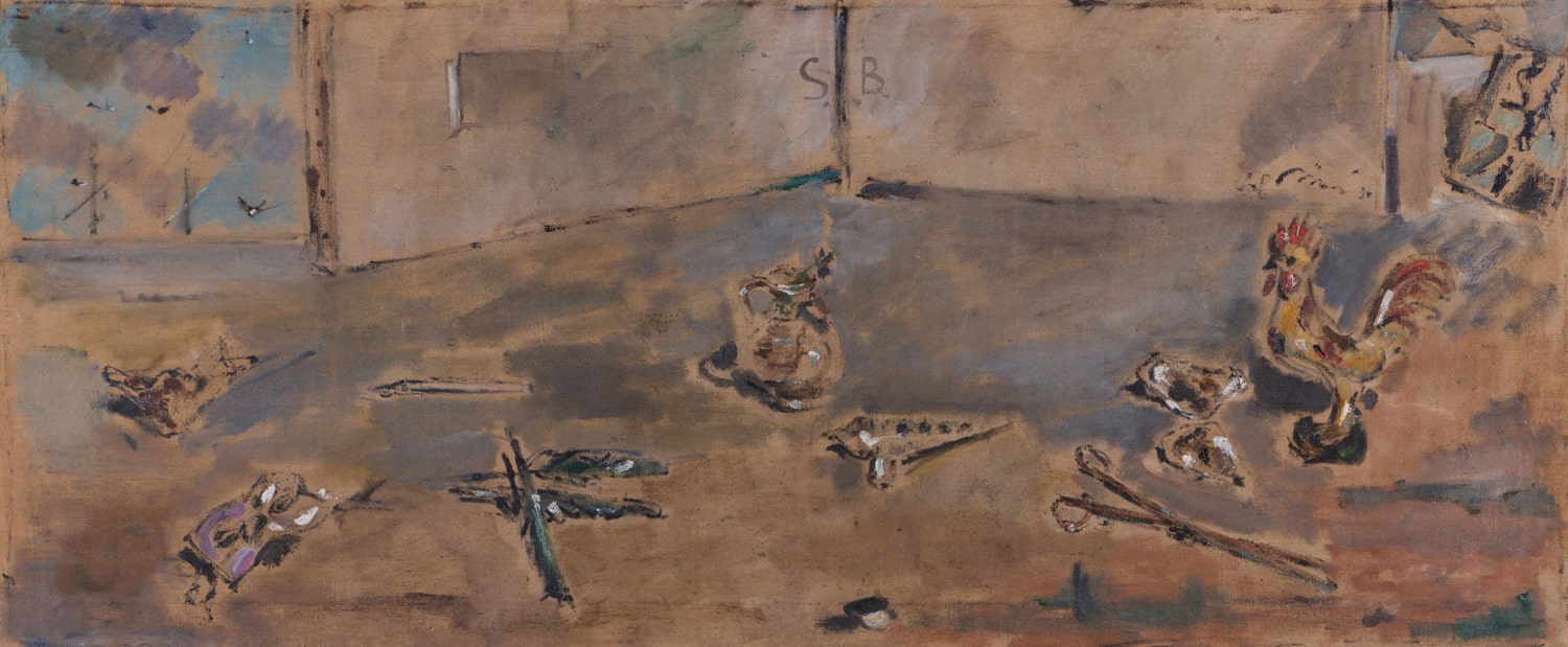Filippo De Pisis (1896-1956) Natura morta con galletto e ocarina, 1948 Huile sur toile Signée au centre vers la droite Annotée "SB" en haut au centre 78 x 188 cm