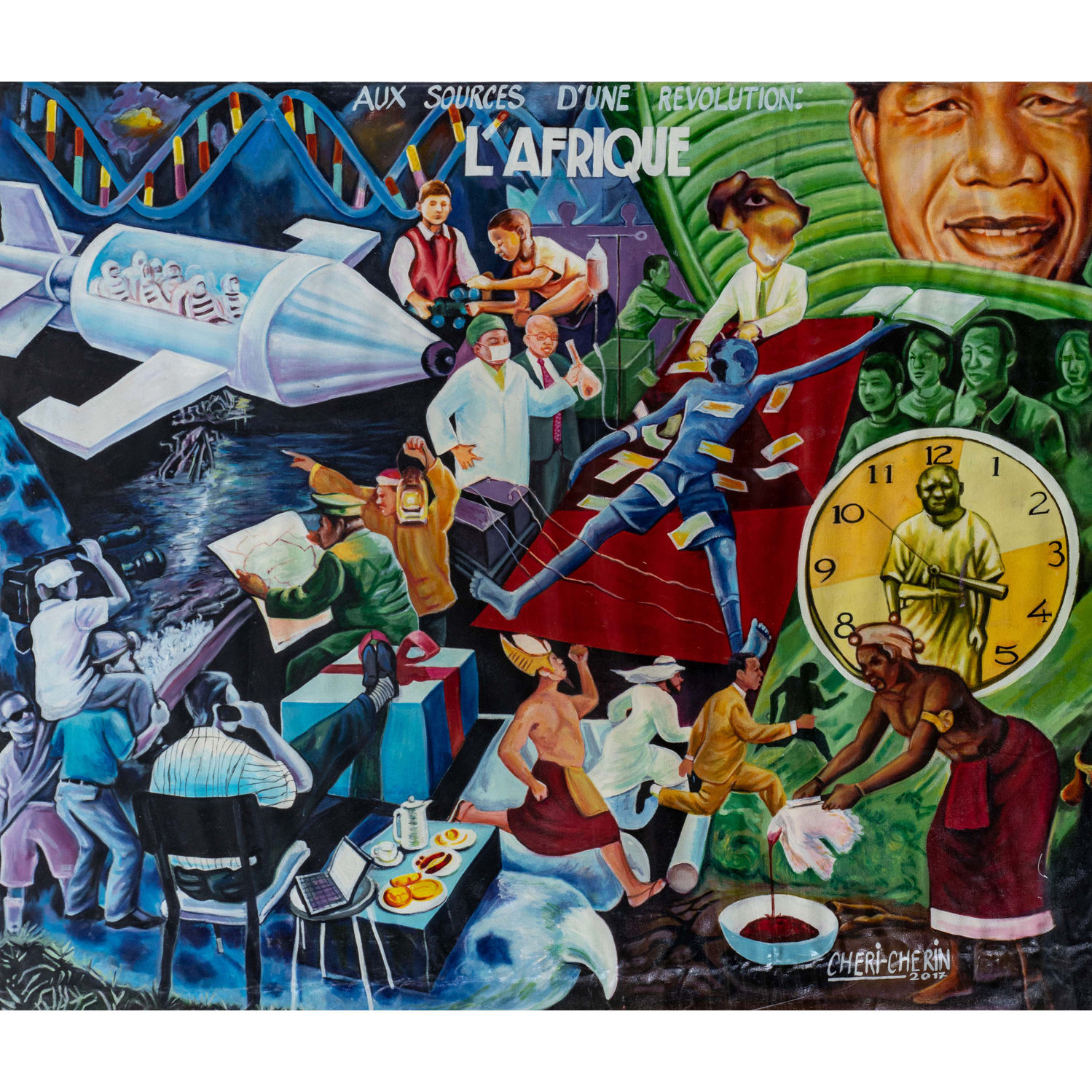 Chéri Chérin (né en 1955, République Démocratique du Congo)   Aux sources d'une révolution : l'Afrique, 2017 (lot 143)  120 x 138 cm  Estimation : 4000 / 6300 €