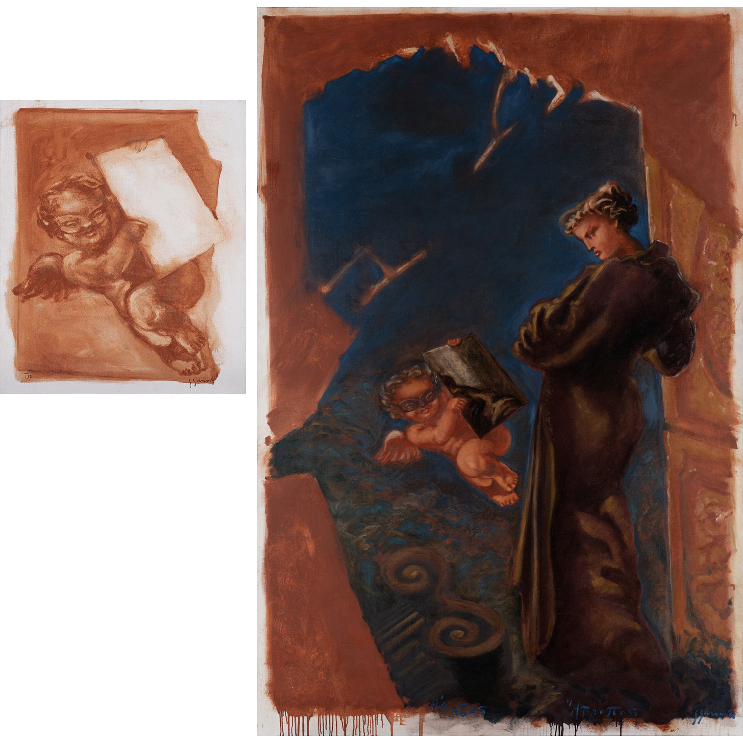 Gérard Garouste (born in 1946) Atropos, Thanatos et miroir, 1979-80 Oil on canvas (diptych) Signed on the bottom right and annotated "T37" on the bottom left (on the first element), dated and annotated on the back (on the second element) 65 x 54 cm and 195 x 130 cm Provenance: