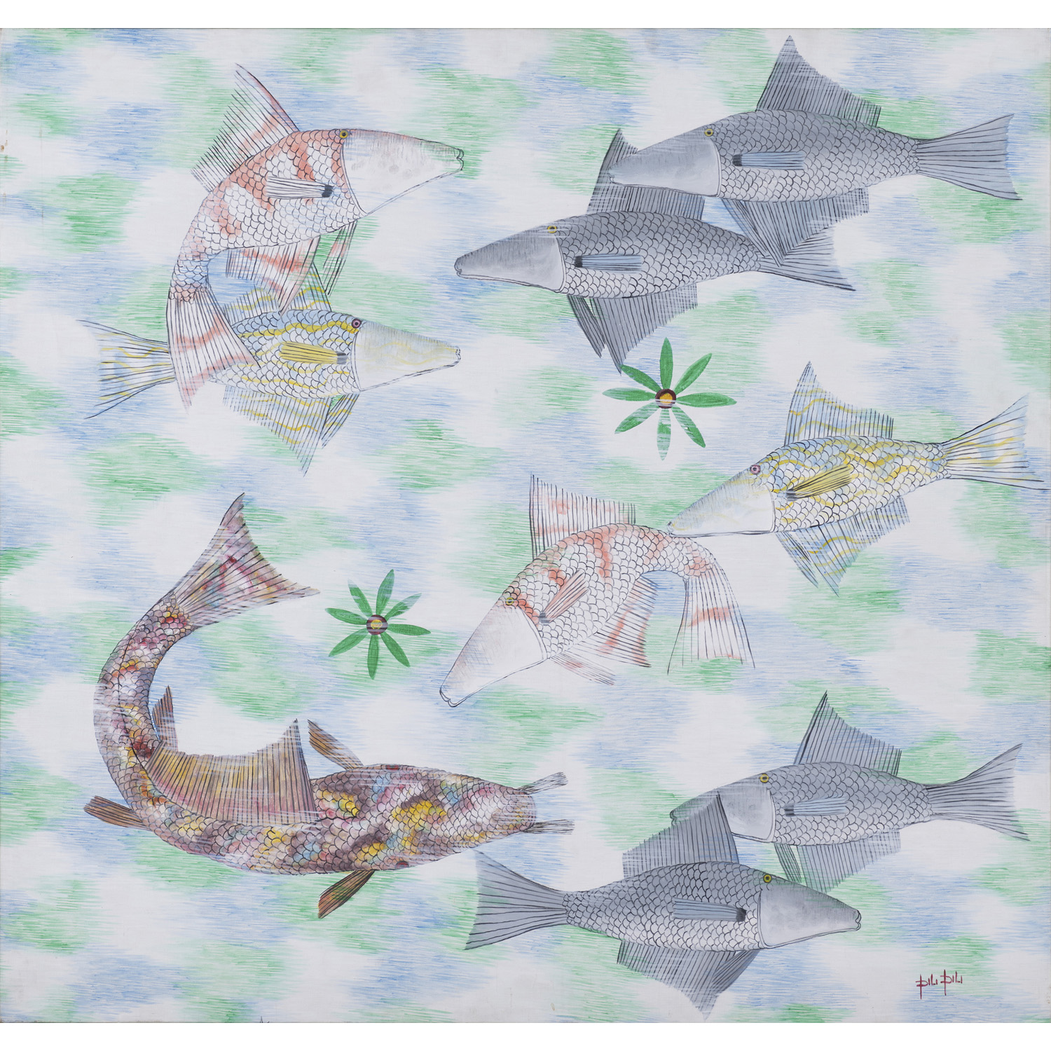 Pilipili Mulongoy (1914-2007, Congo) Sans titre (Poissons sur fond turquoise) Huile sur toile Signé "Pili Pili" en bas à droite 90 × 94 cm