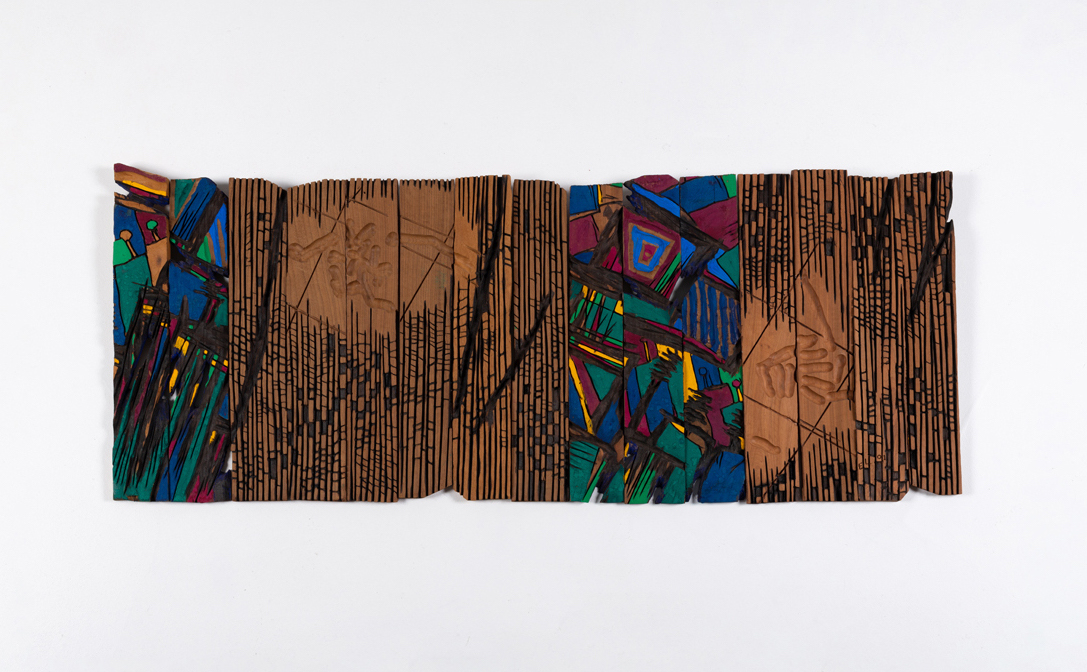 El Anatsui (b. 1944, Ghana) Untitled, 2001 Mixed media on wood Set of 15 carved and painted wood panels Signed and dated "EL 01" lower right