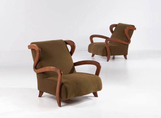 Gio Ponti (1891-1979) Paire de fauteuils Noyer verni et textile Modèle créé vers 1933