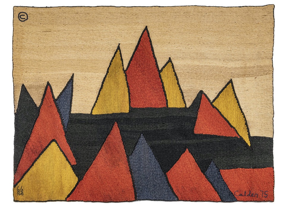 Alexander Calder (1898-1976) Pyramid - N°66/100 Estimation : 10000 / 15000 € Alexander Calder (1898-1976)  Pyramid - N°66/100  Tapisserie  Toile de jute  Edition limitée à100 exemplaires  Signée, datée 'Calder 75' et numérotée '66/100'  Date de création : 1975  184×244 cm