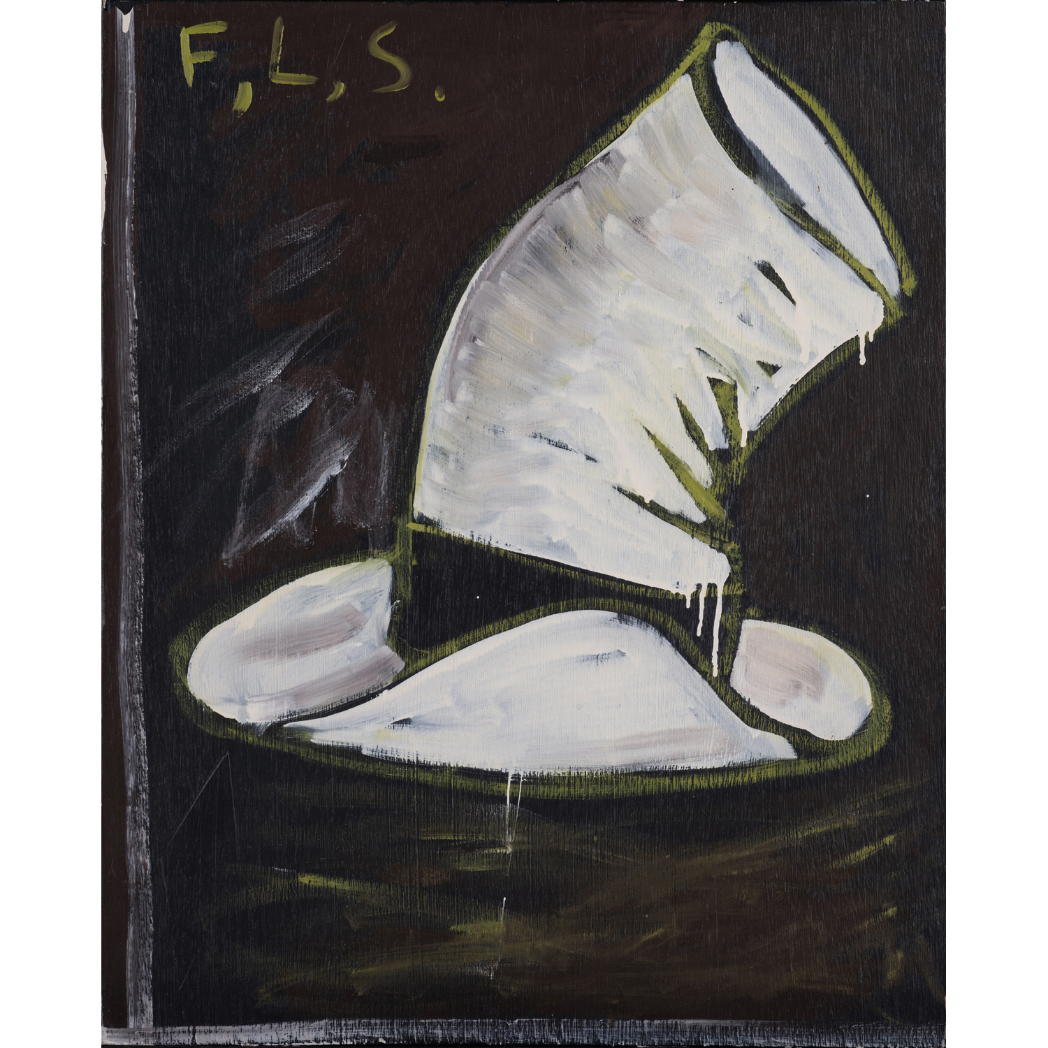 Walter Swennen (né en 1946) Sans titre, (F.L.S.), 1984 Huile sur panneau Titré en haut à gauche Signé des initiales et daté au dos 70 x 57 x 3 cm Provenance : - Aliceday Gallery, Bruxelles -Acquis directement auprès de cette derniére par l'actuel propriétaire -Collection A.M., Paris Exposition: Bruxelles, Wiels, "Walter Swennen", octobre 2013-janvier 2014 Bibliographie: Walter Swennen, "So far so Good", R.Pirenne et D.Snauwaert, octobre 2013, reproduit en noir et blanc sous le n°77, p.159