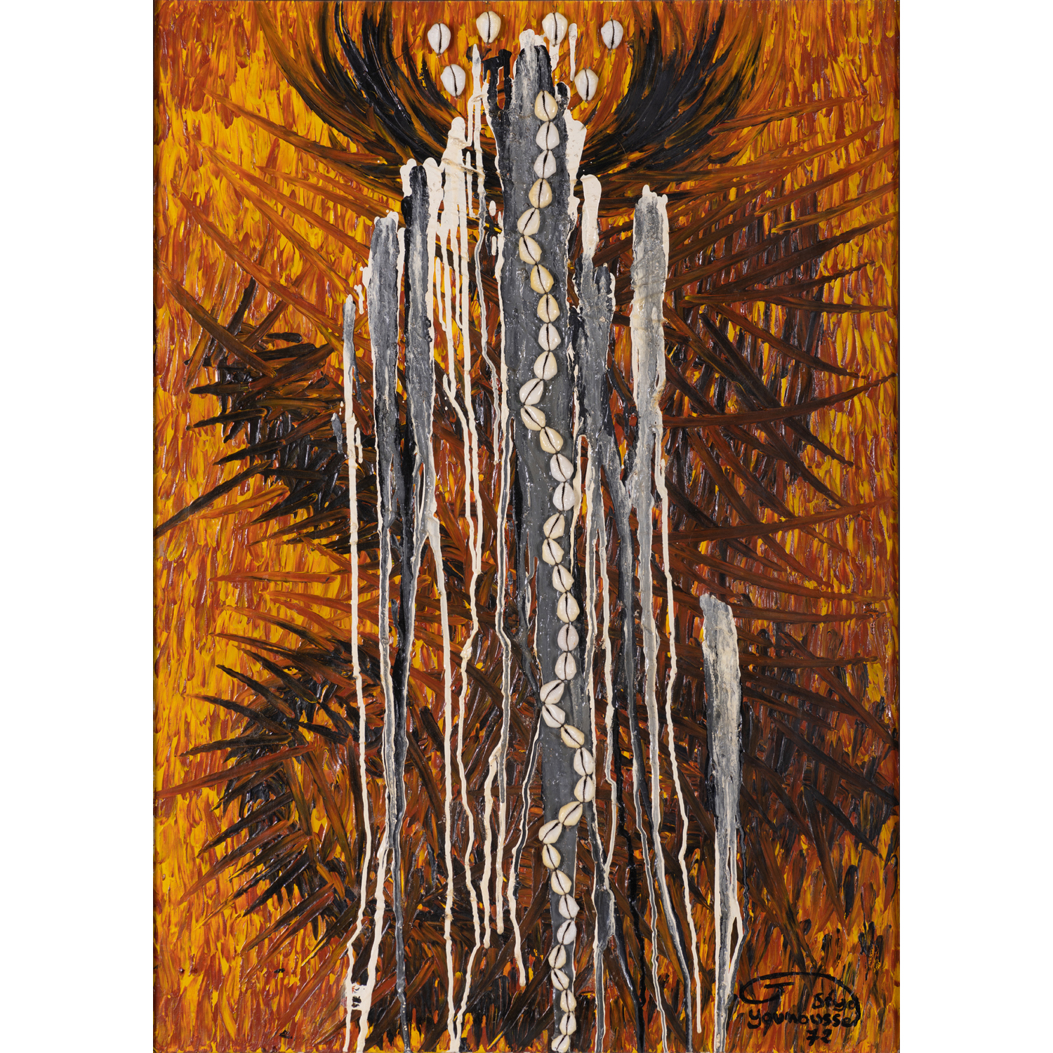 Younousse Seye (née en 1940, Sénégal) Sans titre, 1972 Huile sur toile et cauris Signé et daté "Seye Younousse 72" en bas à droite 93 x 73 cm