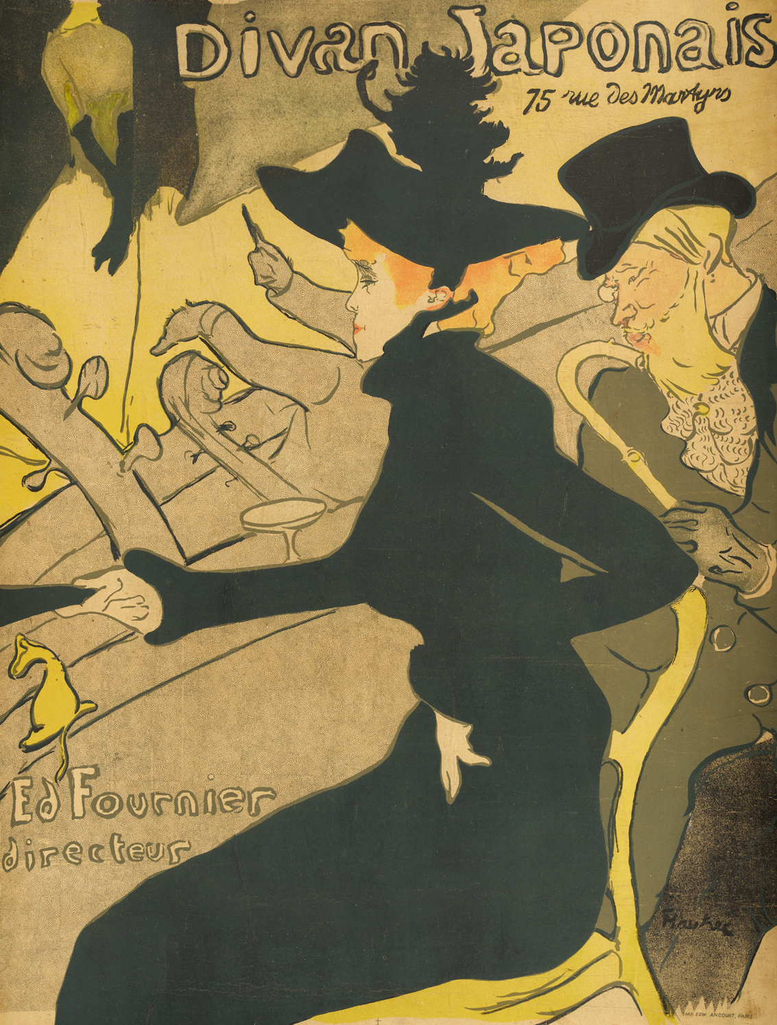 Henri de Toulouse-Lautrec (1864-1901) Le Divan Japonais - 1893 Lithographie au crayon pinceau et crachis avec trame report en quatre couleurs, pierre de trait en vert olive et pierres de couleur en noir, jaune et rouge Épreuve doublée sur Japon Imprimeur Edward Ancourt, Paris 79,4×59,9cm (F)