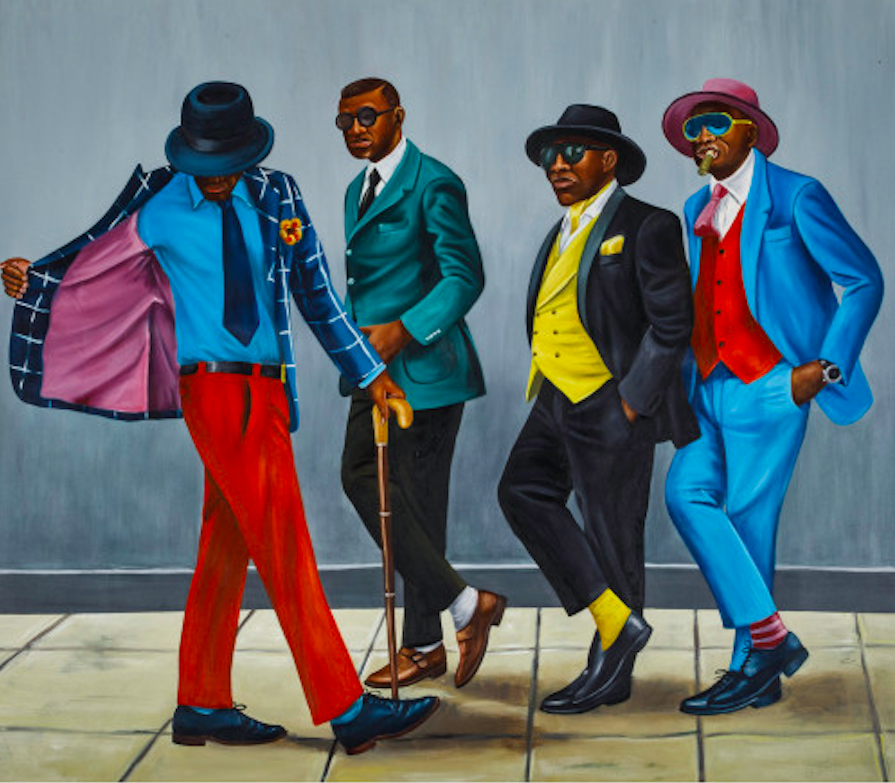Zemba Luzamba (born 1973, Democratic Republic of the Congo) Sapologie, 2019 Estimation : 6000 / 8000 &euro; Zemba Luzamba (born 1973, Democratic Republic of the Congo)  Sapologie, 2019  Oil on canvas  Signed and dated on the bottom right  Signed, dated and titled on the reverse  137 x 159 cm