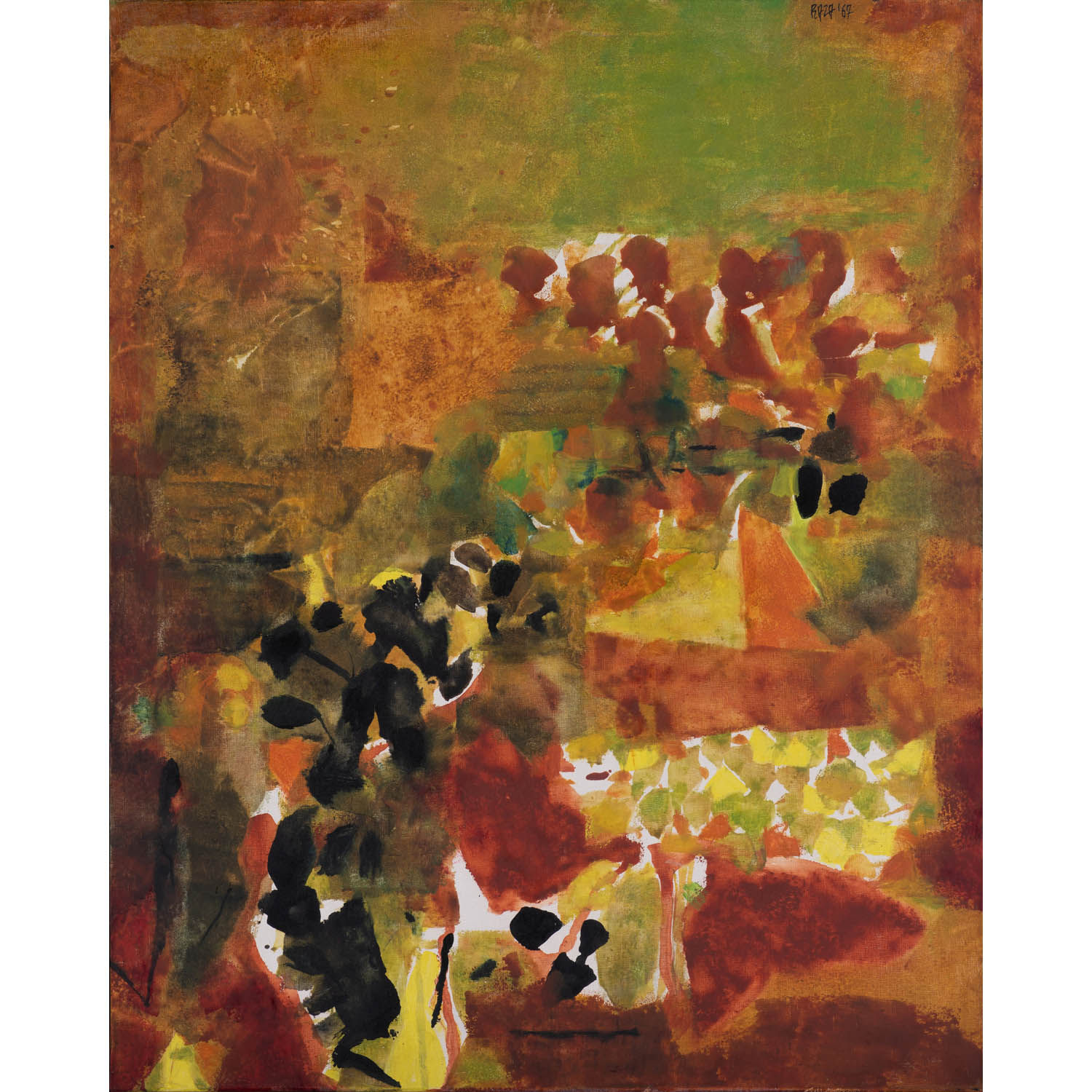 Sayed Haider Raza (1922-2016) Les Vignes, (P-700), 1967 Estimation : 50000 / 70000 € Sayed Haider Raza (1922-2016) Les Vignes, (P-700), 1967 Acrylic on canvas Signed and dated on the top right Countersigned, dated, titled and bears the number of the artist?s inventory on the reverse: "P-700'67" 81 x 65 cm Provenance : - Purchased directly from the artist - Private collection, France