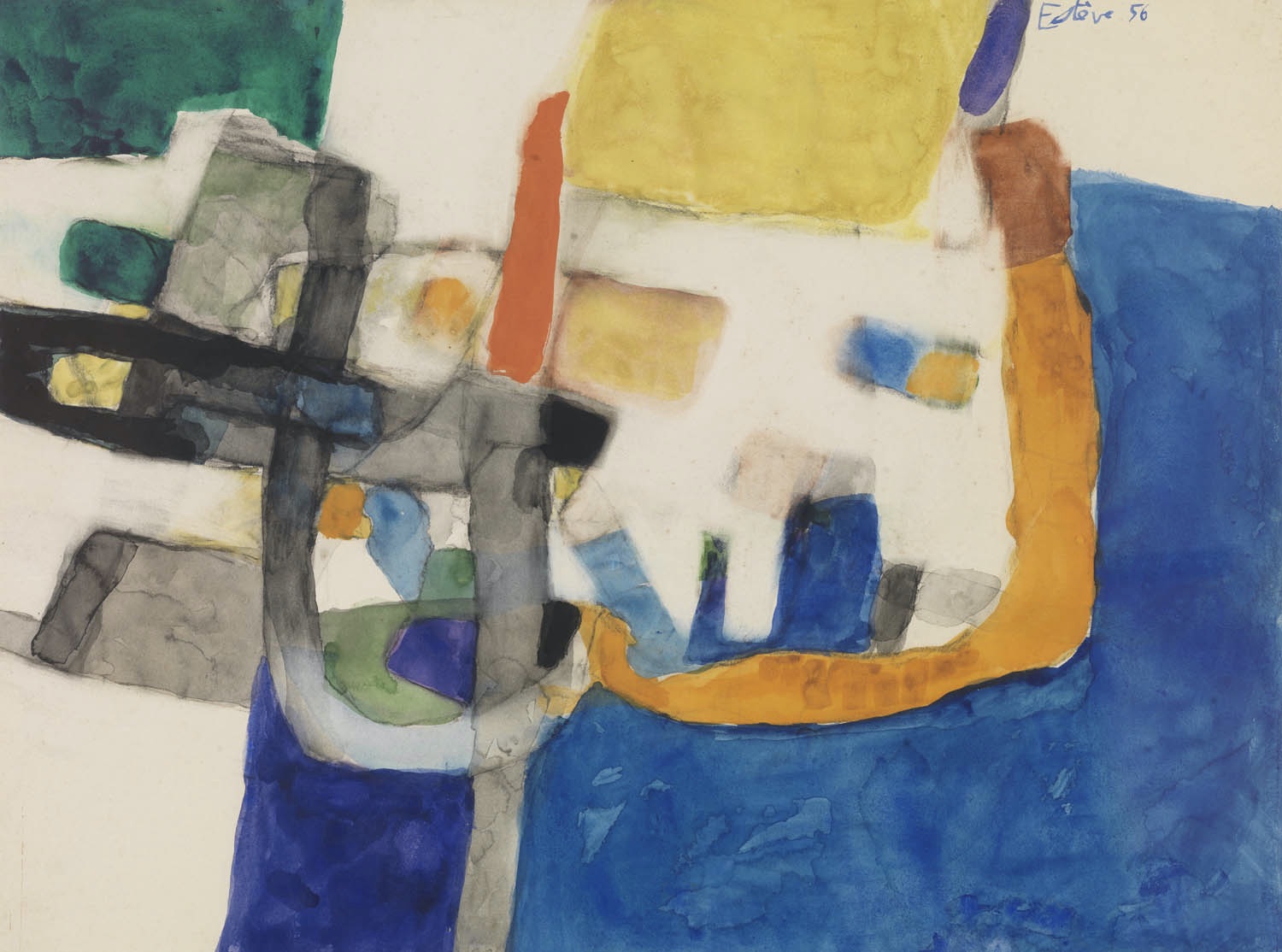 Maurice Est&egrave;ve (1904-2001) Untitled, 1956 Estimation : 25000 / 35000 &euro; Maurice Est&egrave;ve (1904-2001) Untitled, 1956 Watercolor and pencil on paper Signed and dated on the top right 49,5 x 65,5 cm Provenance : - Paris auction, Christie's, 5 Jul. 2006, lot 37 - Purchased from the latter by the current owner - Private collection, Greece