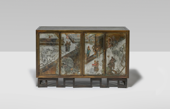 Philip (1907-1987) & Kelvin Laverne (né en 1937) Chan Li - Pièce unique Cabinet Laiton, émail, étain, bronze et contreplaqué Signé 'Philip Kelvin Laverne' Modèle créé en 1965