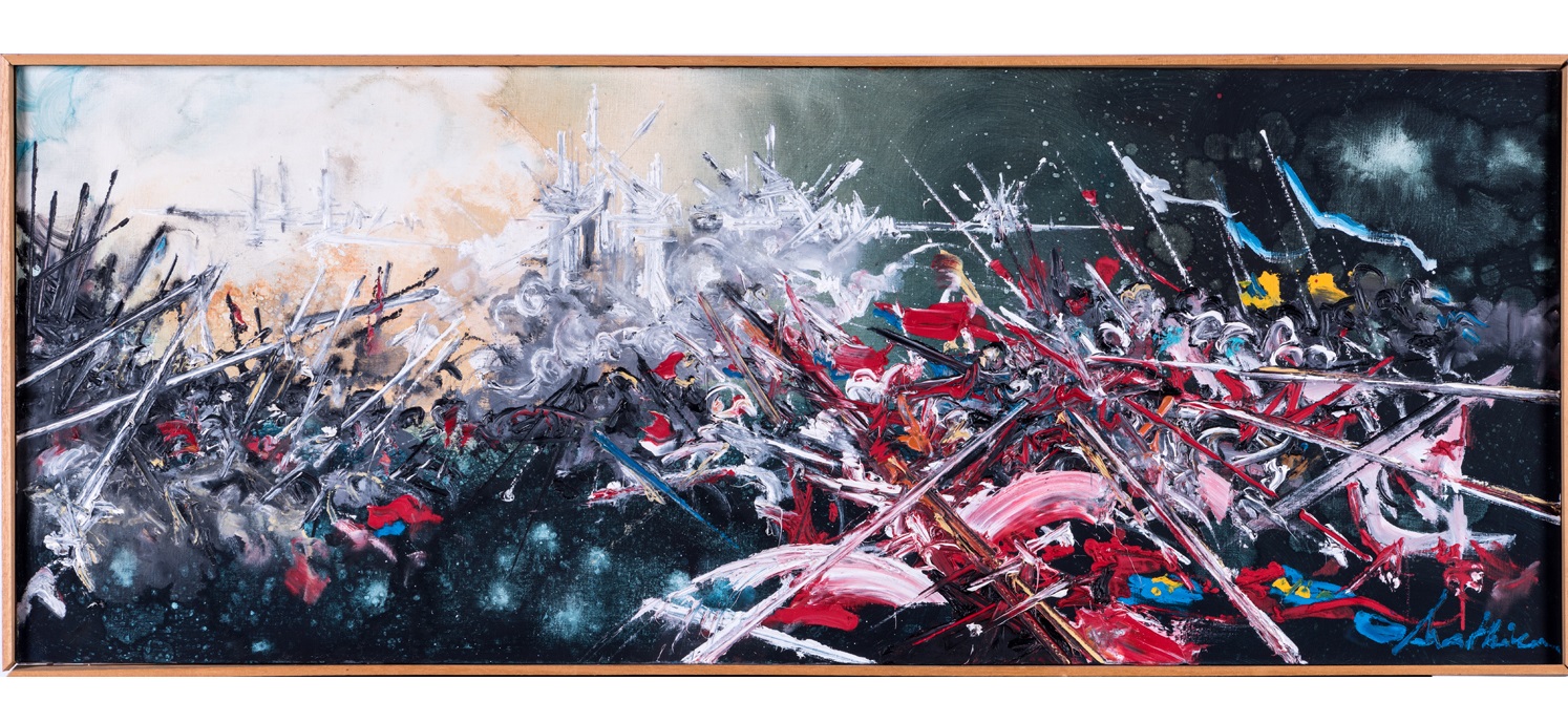 Lot 39 - Georges Mathieu (1921-2012) La libération d'Orléans par Jeanne d'Arc, 1982  Huile sur toile Signée en bas à droite - Contresignée, datée et dédicacée au dos 