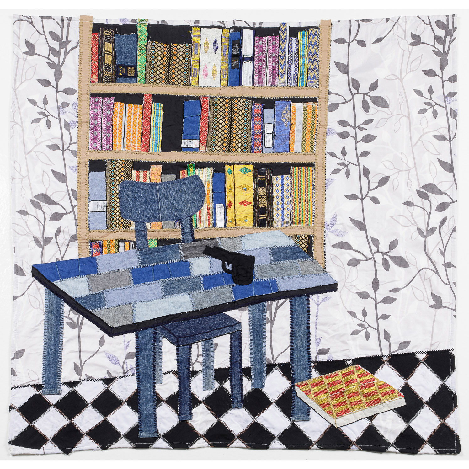 Kirubel Melke Alemu (n&eacute; en 1983, Ethiopie) The Book shelf 2 2019 Estimation : 2000 / 4000 &euro; Kirubel Melke Alemu (n&eacute; en 1983, Ethiopie)  The Book shelf 2 2019  Tissus appliqu&eacute;s et brod&eacute;s sur tissu imprim&eacute; libre  Sign&eacute; et dat&eacute; au dos  145 x 141 cm