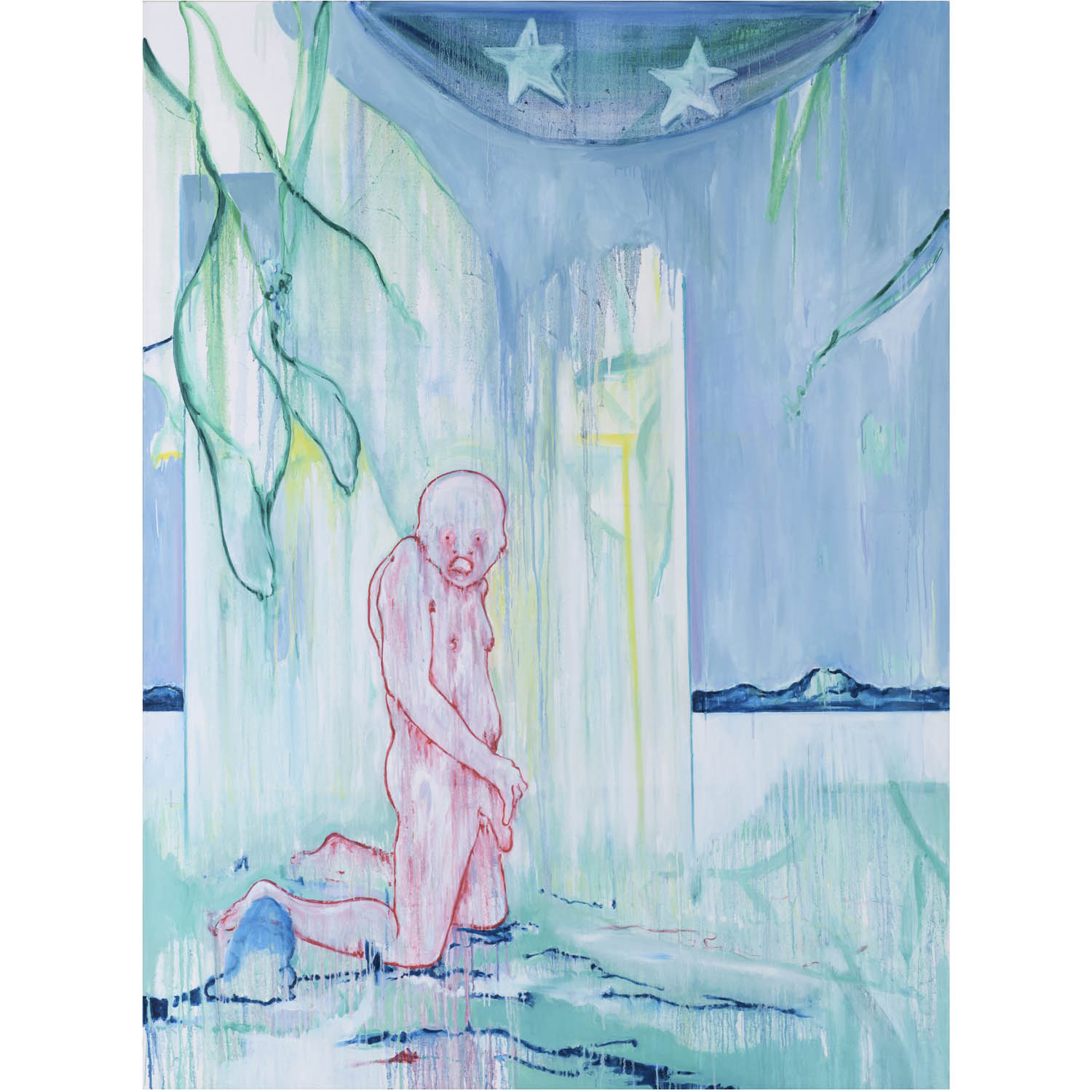  Vincent Gicquel (born 1974) Voeu, 2019 Estimation : 25000 / 35000 &euro; Vincent Gicquel (born 1974)  Voeu, 2019  Oil on canvas  Signed, dated and titled on the reverse  200 x 150 cm  Provenance: Private collection, Paris  Exhibition: Paris, Galerie Thomas Bernard - Cortex Athletico, 'Vincent Gicquel - Qu'est-ce-que je fais la?', 30 November 2019-11 January 2020