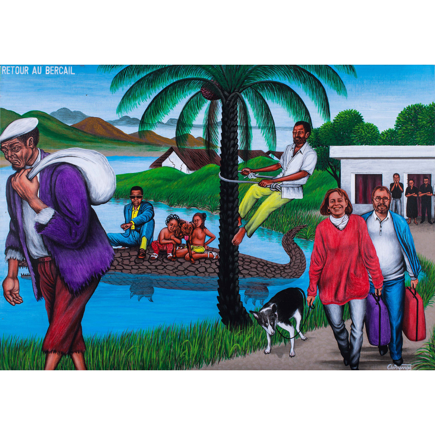 Chéri Samba (né en 1956, République Démocratique du Congo) Retour au bercail, 1995 (lot 150) Huile sur toile 80 x 113 cm Estimation : 14000 / 18900 €