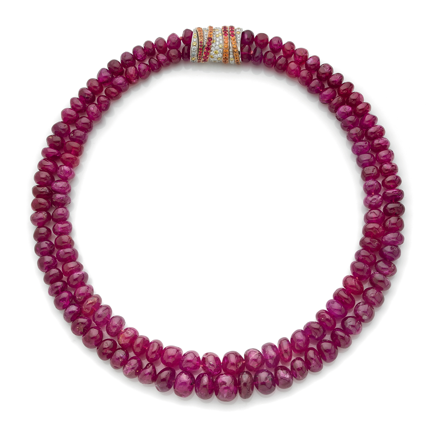 VAN CLEEF & ARPELS Ann&eacute;e 2010 Pi&egrave;ce unique Collection " Les voyages extraordinaires" Exceptionnel collier "Hepha&iuml;stos" compos&eacute; de deux rangs de 136 boules de rubis Birman Fermoir en or rose et or blanc 18k (750&permil;) rehauss&eacute; de diamants ronds et jaunes et de spinelles Sign&eacute;, num&eacute;rot&eacute; JH000531, grav&eacute; VCA G750 Longueur : 47 cm Poids brut : 211,3 g Accompagn&eacute; d'un Certificat du Laboratoire SSEF n&deg; 56425 du 10/05/2010 indiquant : Origine : Burma Sans traces de traitement thermique Diam&egrave;tres : - rang A : 13,50 &agrave; 7,80 mm - rang B : 11,65 &agrave; 8,50 cm Ecrin Provenance : Collection priv&eacute;e, France La collection "Les voyages extraordinaires" cr&eacute;&eacute;e par la Maison Van Cleef & Arpels, est plac&eacute;e sous le signe de l'&eacute;crivain Jules Verne, g&eacute;nie de l'invention et pr&eacute;curseur de la science-fiction Cette collection de Haute Joaillerie invite au voyage &agrave; travers quatre ouvrages - "Cinq semaines en ballon", "Voyage au centre de la Terre", "De la Terre &agrave; la Lune" et le fameux "Vingt mille lieues sous les mers".