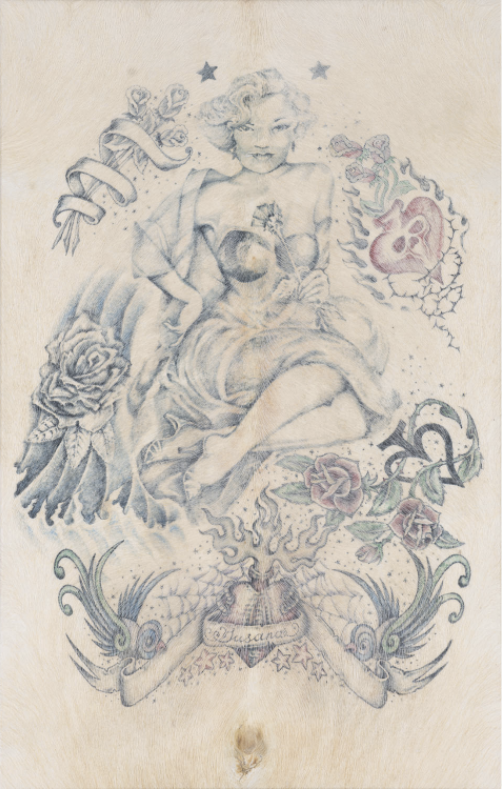 Estimation : 45000 / 65000 &euro; Wim Delvoye (n&eacute; en 1965)  Susana, 2003  Encres de couleur sur peau de cochon  Sign&eacute;e au dos  110 x 70 x 2,3 cm  Provenance: Collection particuli&egrave;re, Paris