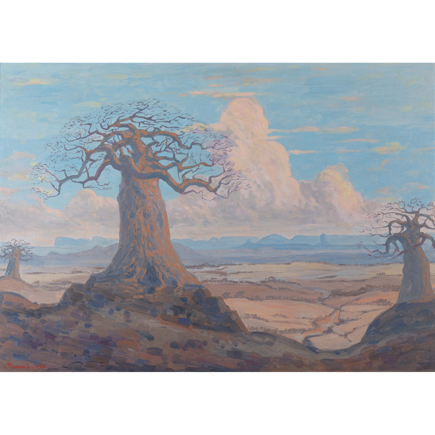 Jacobus Hendrik Pierneef (1886 -1957) Baobabs with Soutpansberg in the distance, 1920 Huile sur planche Signée et datée en bas à gauche 70 x 98 cm Estimation : 378 000 - 567 000 euros