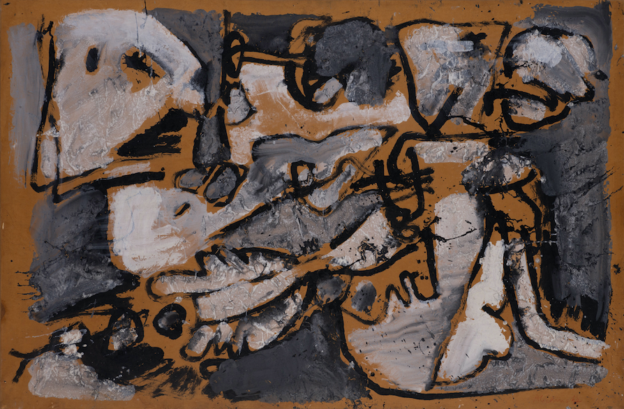 Pierre Alechinsky (né en 1927) En trois temps, 1959 Encre de Chine et détrempe sur papier marouflé sur toile Signé en bas à droite 100,5 x 152,5 cm