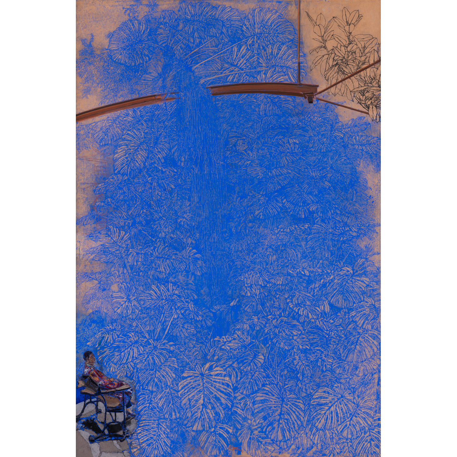 Sam Szafran (né en 1934) Atelier au feuillage avec personnage, 1978