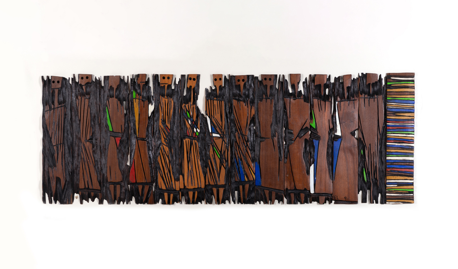 El Anatsui (b. 1944, Ghana) Untitled, 1991 Mixed media on wood Signed and dated "EL 91" lower right 50 x 145 cm