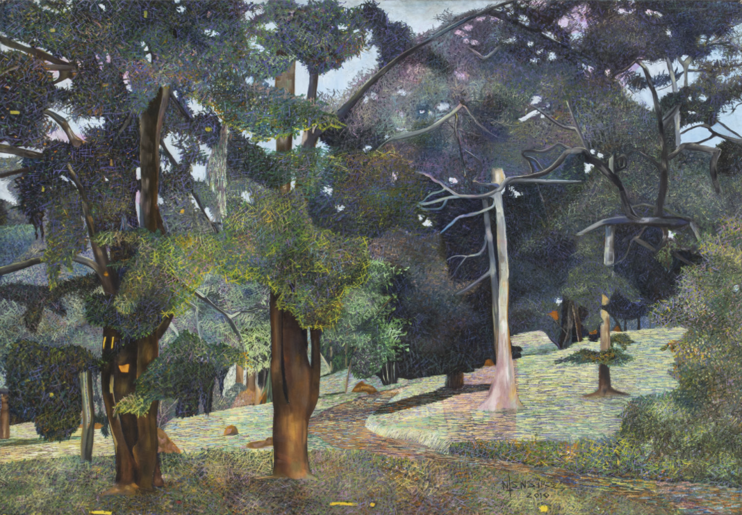 Estimation : 6000 / 8000 &euro; Joseph Ntensibe (n&eacute; en 1953, Ouganda)  Sans titre, 2010  Huile et pastels gras sur toile  Sign&eacute;e et dat&eacute;e en bas au centre  118 x 167 cm