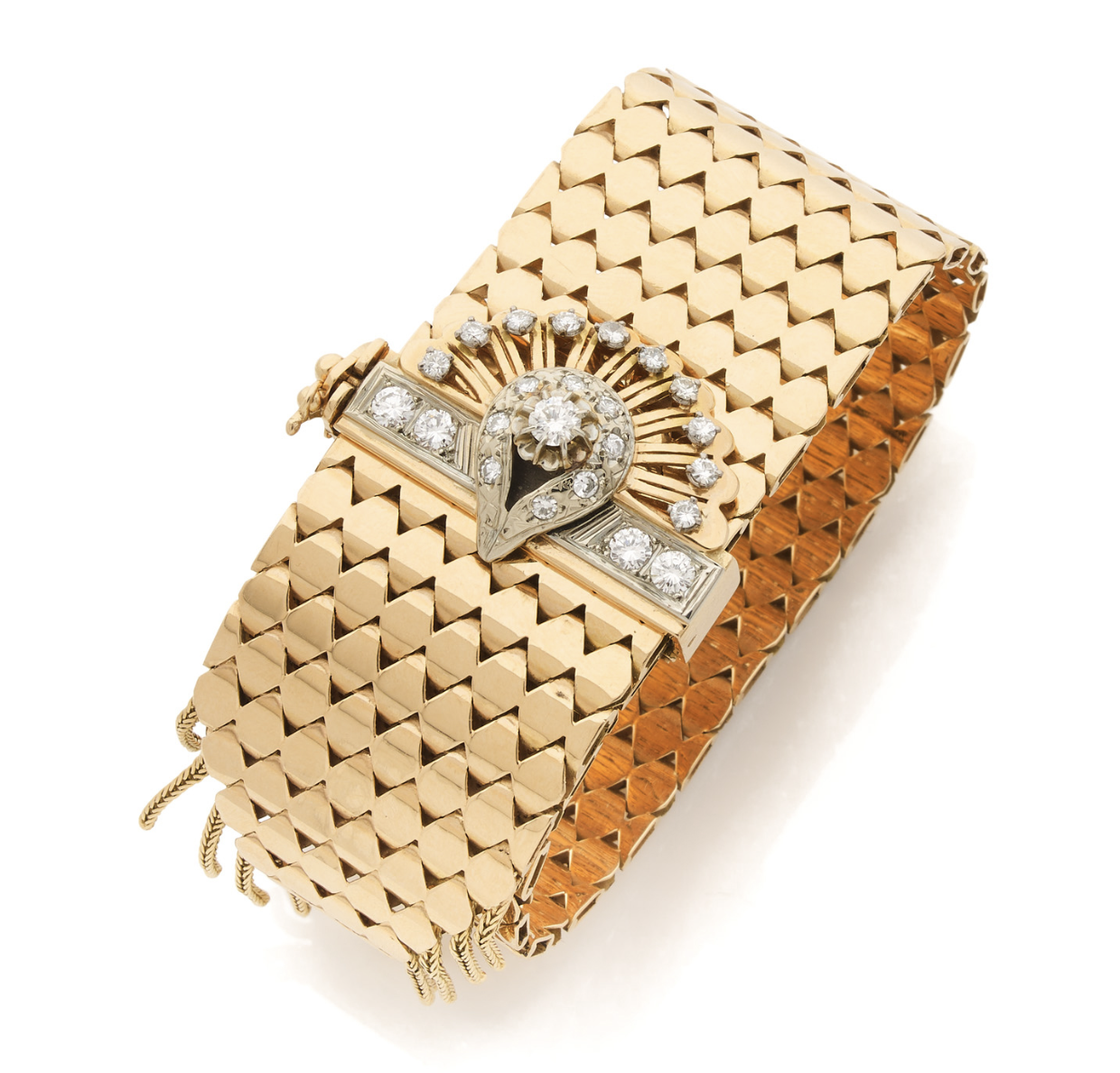 Travail français des années 1940-45 Bracelet ceinture en or jaune 18k (750‰) à maillons losange, fermoir à motif rayonnant rehaussé de diamants