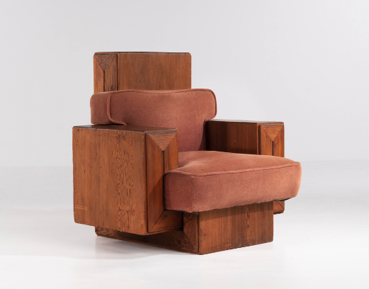 Frank Lloyd Wright (1890-1970) Fauteuil - Pièce unique Séquoia et mohair Modèle créé vers 1949