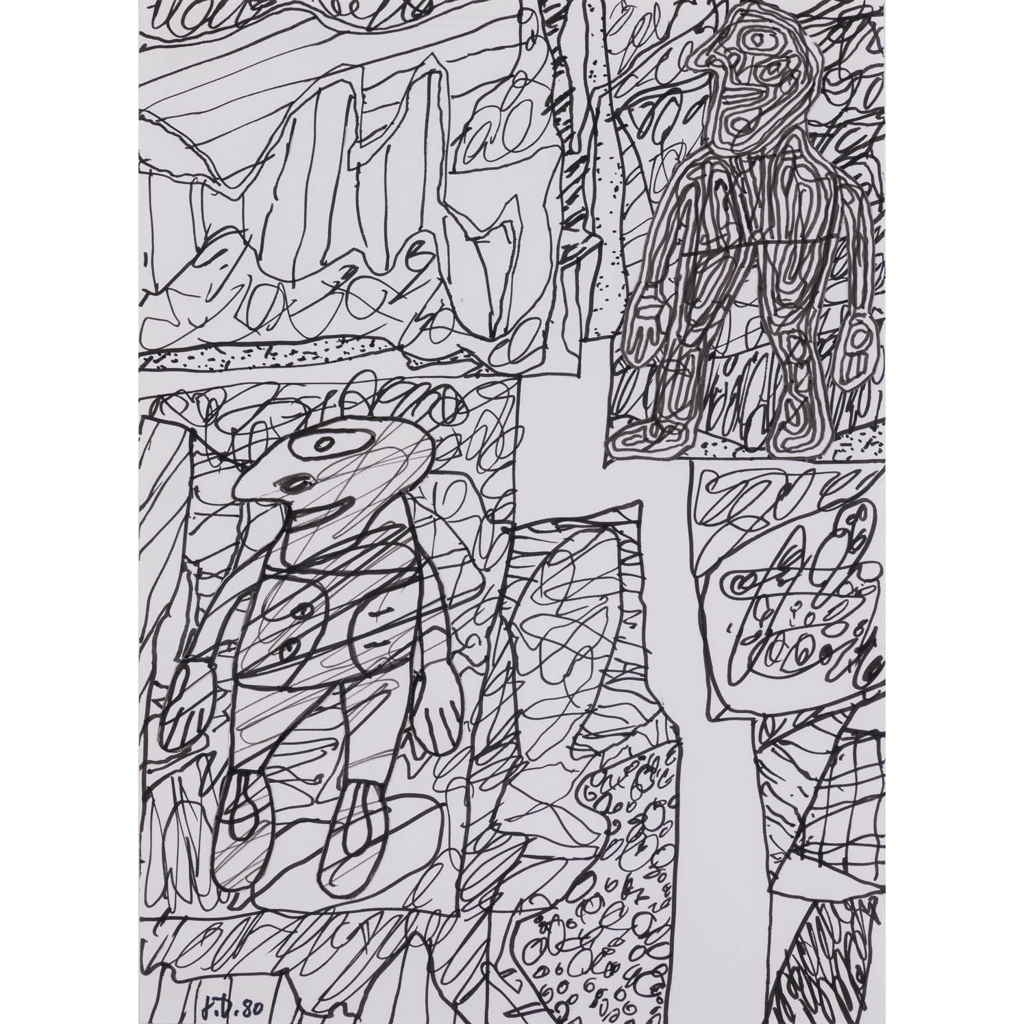 Jean Dubuffet (1901-1985) Paysage avec deux personnages, May 30, 1980 Estimation : 25000 / 35000 € ƒ Jean Dubuffet (1901-1985) Paysage avec deux personnages, May 30, 1980 Indian ink on paper (with two additional affixed pieces) Initialed and dated on the bottom left 35 x 25,5 cm Provenance: Daniel Varenne Gallery, Geneva Bibliography: Max Loreau, "Catalogue des Travaux de Jean Dubuffet-Fascicule XXXIII: Sites aux figurines, Partitions (1980-81)", Les Editions de Minuit, 1982, illustrated under n°60, p. 28