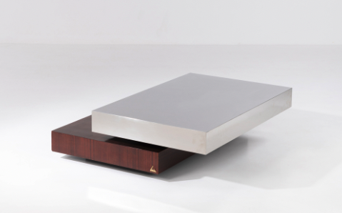 Gabriella Crespi (1922-2017) Tavolo Scultura - Série Plurimi Table basse Aluminium chromé, bois et placage de noyer Signée sur plaque 'Gabriella Crespi Brev' Modèle créé en 1970