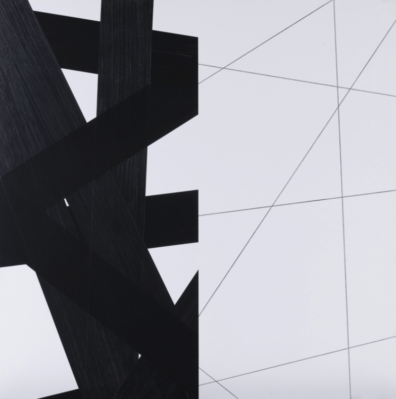 François Morellet (1926-2016)  Strip-teasing n°7, 2005  Acrylique et crayon sur toile montée  sur panneau  Signé, daté, titré et annoté au dos  100 × 100 cm 