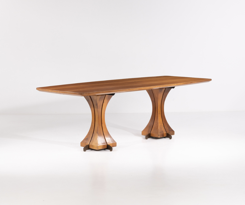 Studio B.B.P.R: Gian Luigi Banfi, Ludovico Belgiojoso, Enrico Peressuti & Ernesto Nathan Rogers (founded in 1932) Dining table Walnut, lacquered metal and brass Edited by Fratelli Firgerio, Cantu Model created circa 1955