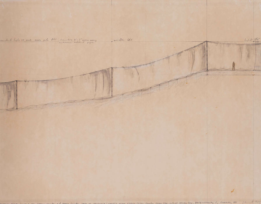 Christo and Jeanne-Claude (1935-2020 and 1935-2009) Running Fence (project for Sonoma Country, and Marin Country, State of California Estimation : 30000 / 50000 &euro; &fnof; Christo and Jeanne-Claude (1935-2020 and 1935-2009) Running Fence (project for Sonoma Country, and Marin Country, State of California), 1973 Pencil and collage on canvas-laminated paper marouflaged on cardboard in a Plexiglas box Signed and dated on the bottom right Titled on the bottom center 55,7 x 71 cm Provenance: Daniel Varenne, Galerie Le Clos de Sierne, Geneva This work is recorded in the Christo archives.