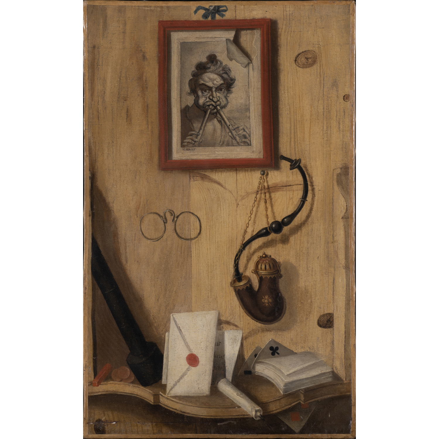 Ecole FRANCAISE du XVIIe siècle, entourage de Jean François DE LE MOTTE Trompe l'oeil à la gravure, la pipe, une bougie et des cartes Estimations : 4 000 - 6 000 €