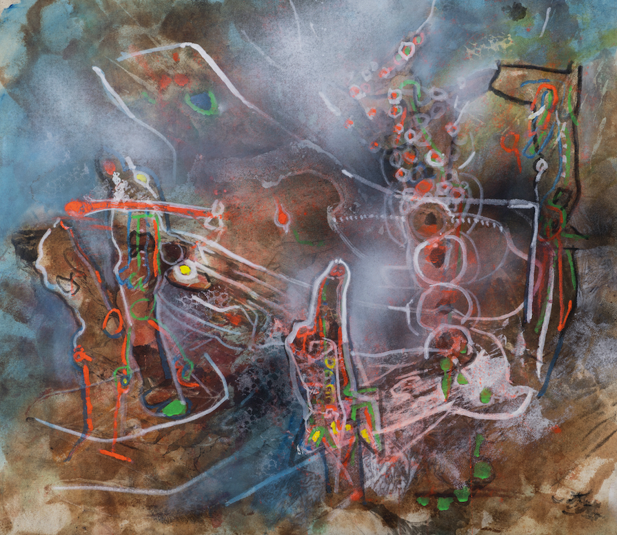 Roberto Matta (1911-2002) LLama la LLama, (Appelle la flamme), 1989 Huile sur toile Signée en bas à droite Titrée, datée et annotée au dos 86 x 98 cm Provenance: - Acquis directement auprès de l'artiste par l'actuel propriétaire - Collection particulière, Paris Expositions : - Munich, Hypo-Kulturstiftung, "Matta", 20 septembre au 11 novembre 1991, reproduit au catalogue de l'exposition sous le n°44 - Wien, Kunsthaus Wien, 29 novembre 1991-9 février 1992 Bibliographie: - Cette oeuvre est archivée dans le Catalogue Général de l'artiste sous le n°89/27 Un certificat d'authenticité de Madame Germana Matta Ferrari sera remis à l'acquéreur. Un certificat de Madame Federica Matta sera remis à l'acquéreur.