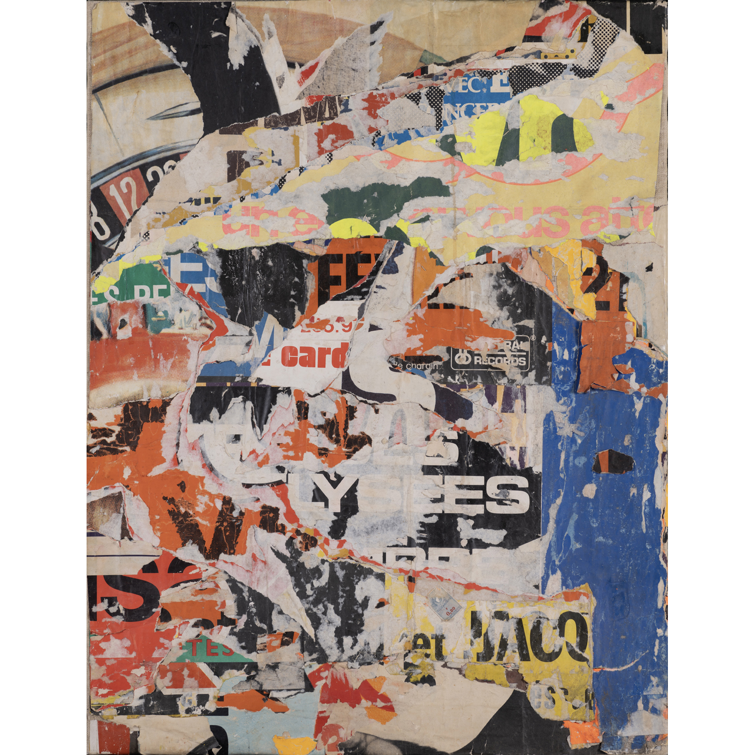 Jacques Villeglé (Jacques Mahé dit de La Villeglé) (né en 1926) Avenue du Maine, 25 juillet 1974 Arrachage d'affiches lacérées marouflées sur toile Signées, titrées, datées et annotées au dos "SLF" 83 x 63 cm