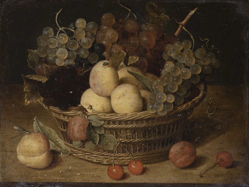Jacob van HULSDONCK (Anvers, 1582-1647)    Panier de fruits sur un entablement Cuivre 27&times;36cm Petites restaurations anciennes. Provenance : Vente Anonyme, Tours, 16 f&eacute;vrier 2004 (Me Giraudeau), n&deg; 46.   Estimation : 40 000 / 60 000 euros