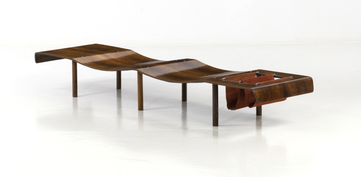 Jorge Zalszupin (born 1922)  Banco Onda  Wood, wood veneer, fabric and metal  Moveis edition  Creation date: circa 1960 