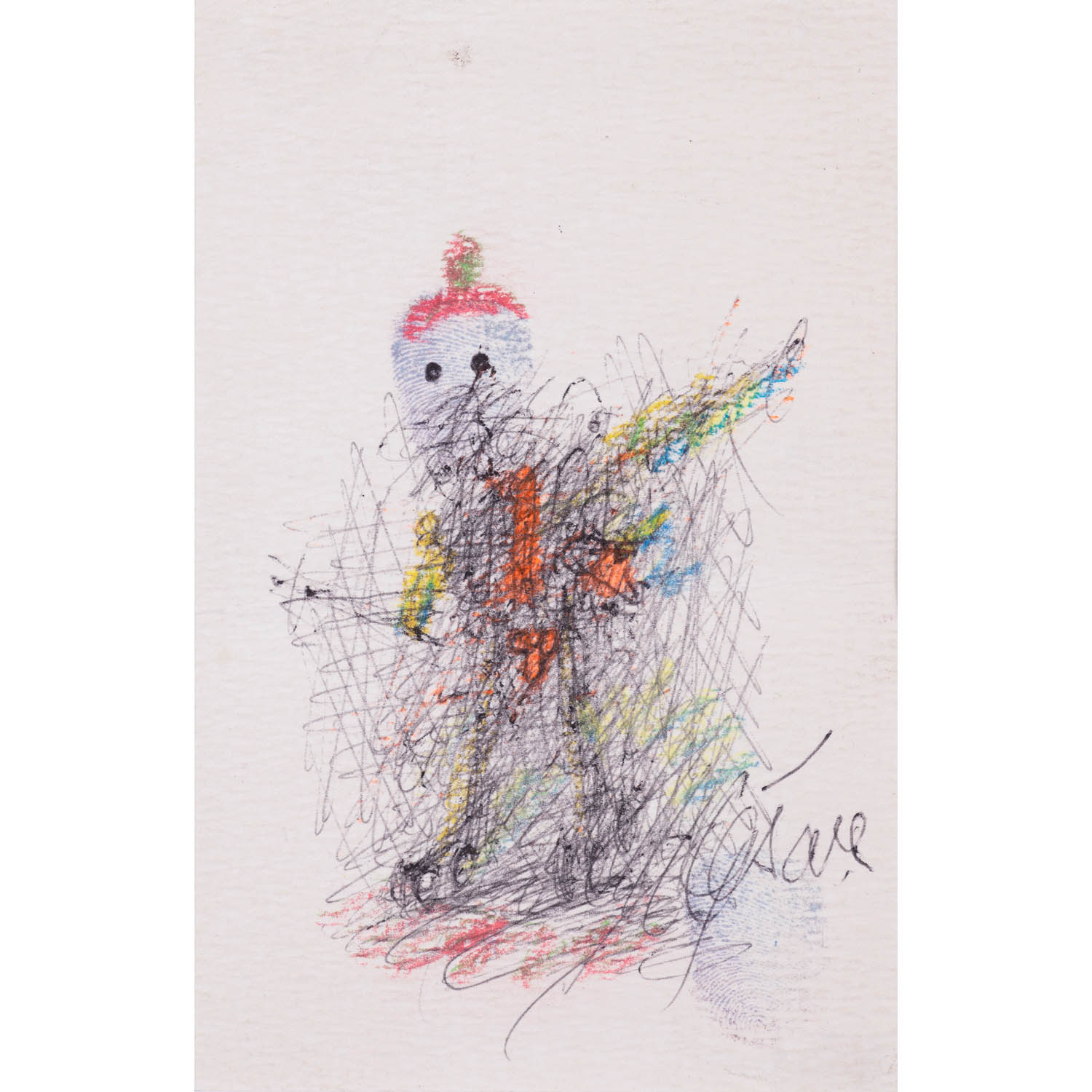 C&eacute;sar (C&eacute;sar Baldaccini dit) (1923-1998) Sans titre Estimation : 7000 / 9000 &euro; C&eacute;sar (C&eacute;sar Baldaccini dit) (1923-1998) Sans titre  Technique mixte et empreinte de l'artiste sur papier Sign&eacute; en bas &agrave; droite sur une empreinte du pouce de l'artiste 13,5 x 9 cm Provenance : Collection Jean Ferrero, Nice Cette oeuvre est enregistr&eacute;e dans les Archives de Madame Denyse Durand-Ruel sous le n&deg;6421.