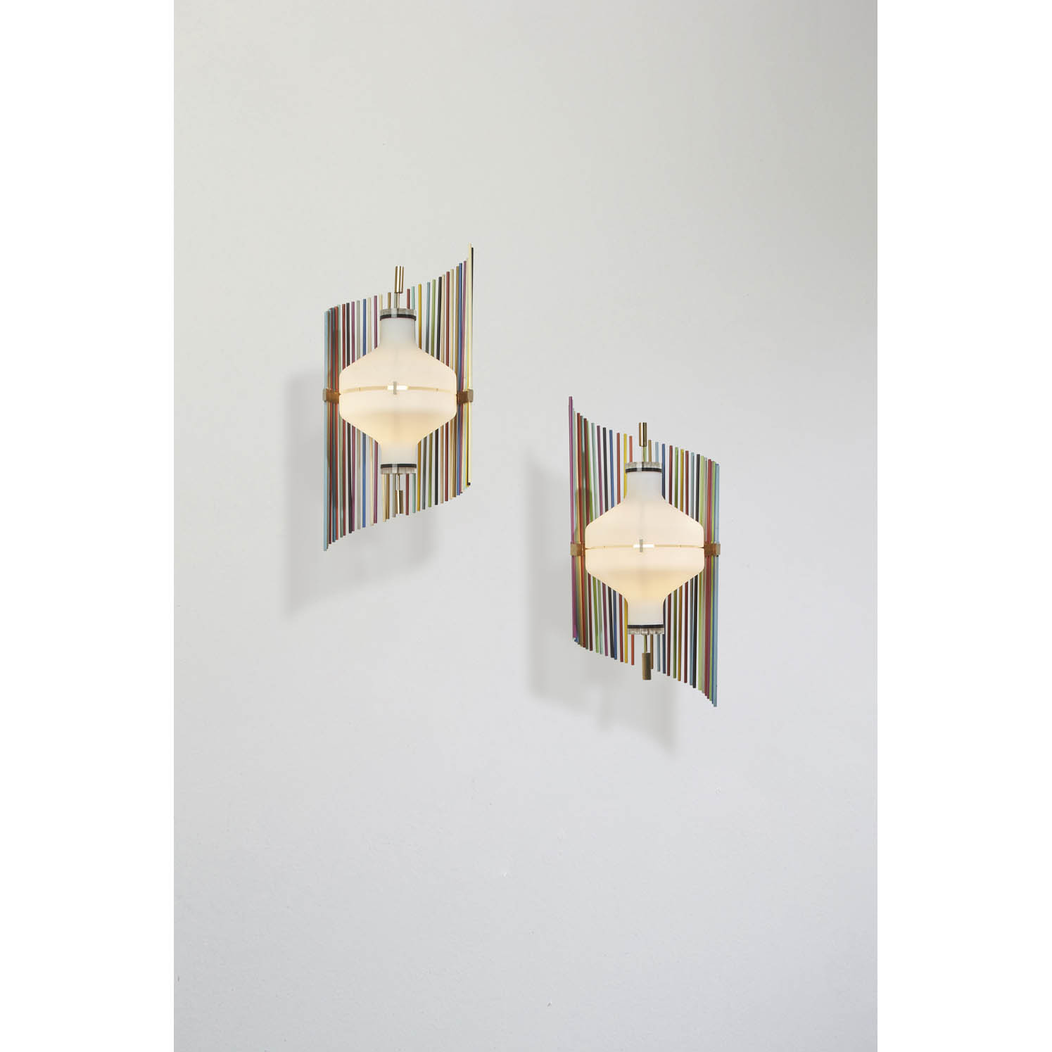Angelo Lelii (1915-1987) Model n&deg;12736 Estimation : 8000 / 12000 &euro; Angelo Lelii (1915-1987)  Model n&deg;12736  Pair of sconces  Brass, painted aluminum and glass  Arredoluce edition  Creation date: circa 1958  H 52&times;L 25&times;P 28 cm  Bibliography: "Arredoluce", Catalogue Raisonn&eacute;, Silvana Editoriale, Milan, 2018, model illustrated p.207