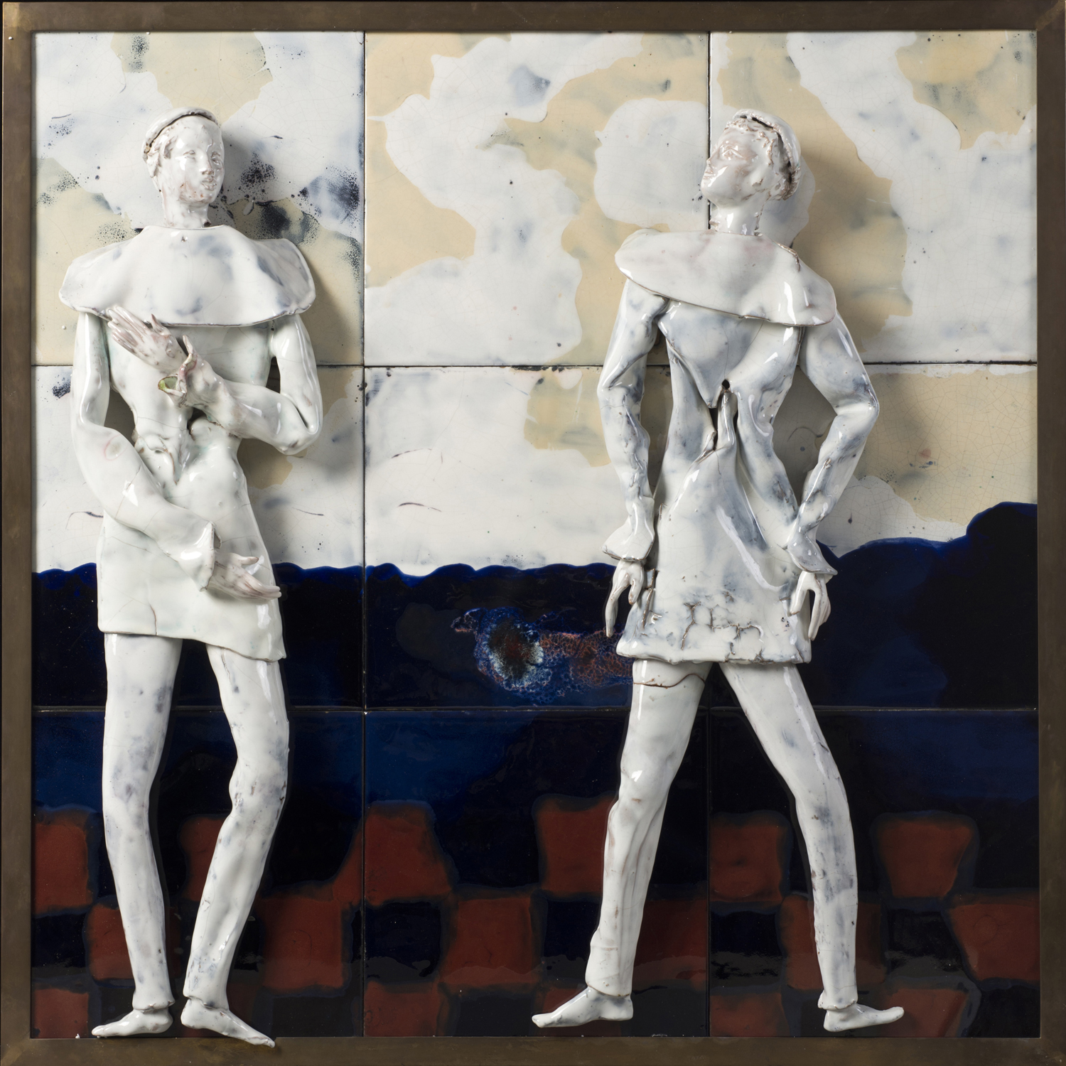 Fausto Melotti (1901-1986) Pannello Decorativo, 1959-1963 Projet de Melchiorre Bega en collaboration avec Seregni (Patisserie Daniele, Naples) Céramique émaillée polychrome sur panneau de bois 90 × 90 × 14 cm Bibliographie : A. Commellato, M. Melotti, Fausto Melotti, L’opera in ceramica, Ed. Skira, reproduit en couleur sous le n°C14, p. 430