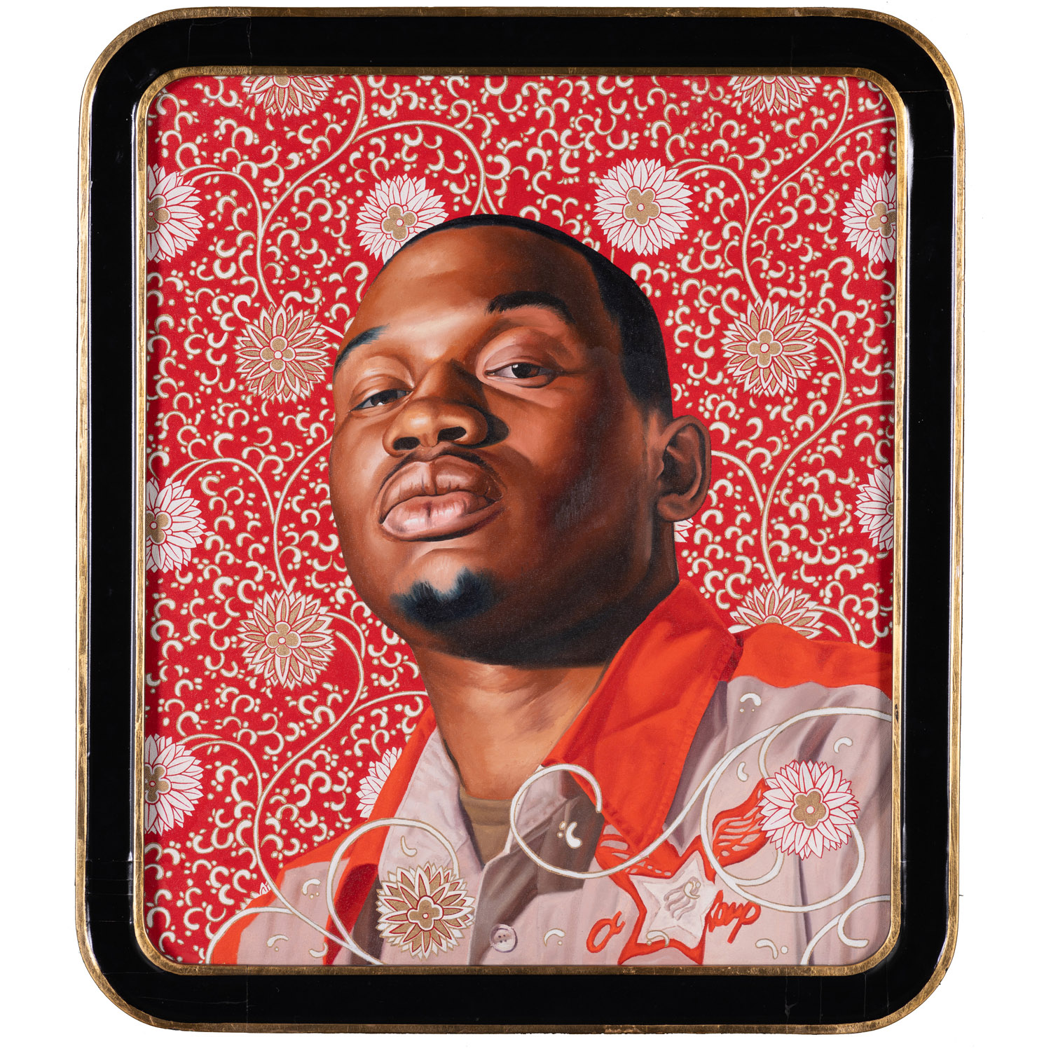 Kehinde Wiley (né en 1977, Etats-Unis) Ivelaw I (From the world stage: China), 2007 Kehinde Wiley (né en 1977, Etats-Unis) Ivelaw I (From the world stage: China), 2007 Huile sur toile, cadre laqué et doré à la feuille d'or Signé "Kehinde Wiley" au dos 75 × 64,5 cm -- Provenance Rhona Hoffman Gallery, Chicago Collection privée